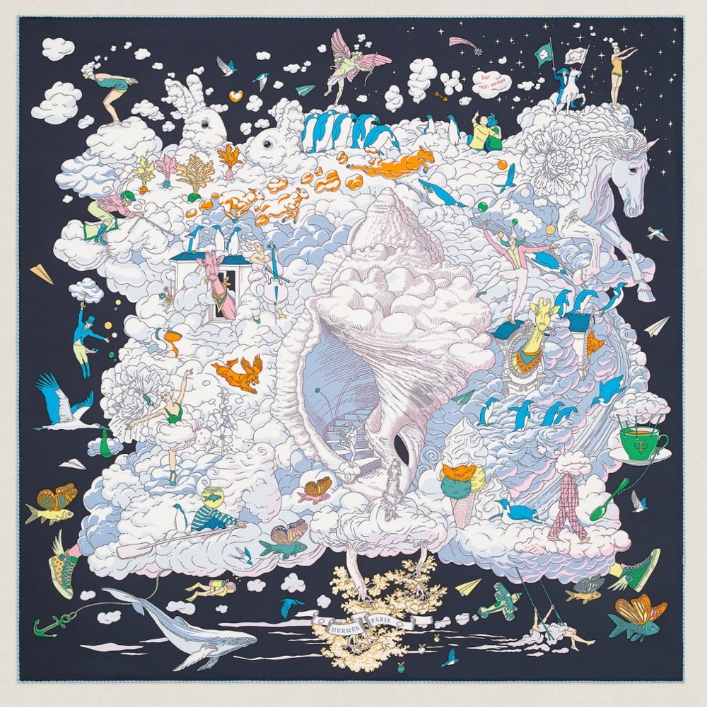 Hermes Sur Mon Nuage silk scarf 90 in Bleu Noir / Mauve / Multicolore